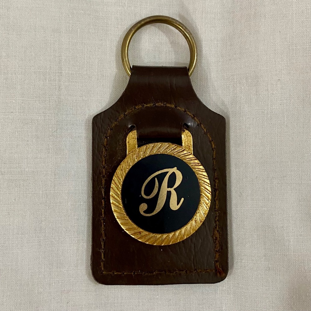 Rolfs Leather Monogram Keychain Men OS Brown Vintage Initial R Gold Medallion